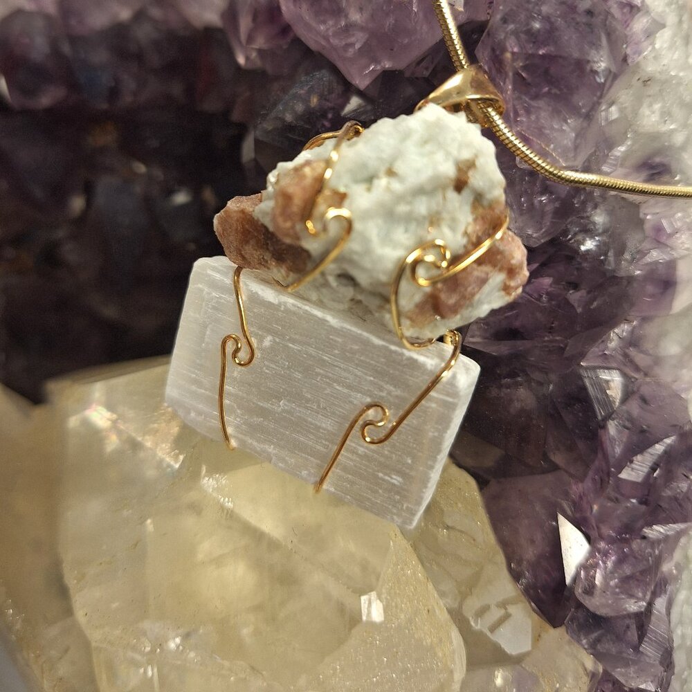 Pink Tourmaline and Selenite Wire Wrapped Necklace
